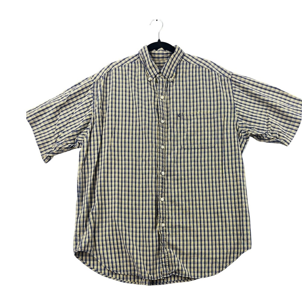 Ralph Lauren Jeans Co Mens XL Plaid Button Down Shirt Navy Yellow Short Sleeve